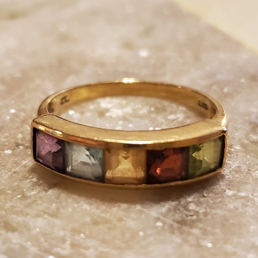Square Cut Multi Gem Ring with 10K Gold Band